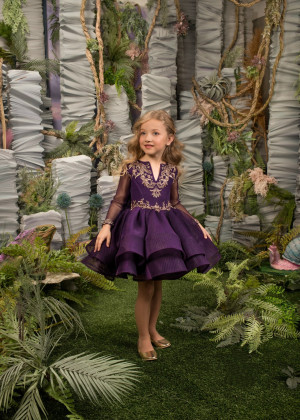 Gold Lace Purple Tulle Knee Length Flower Girl Dress